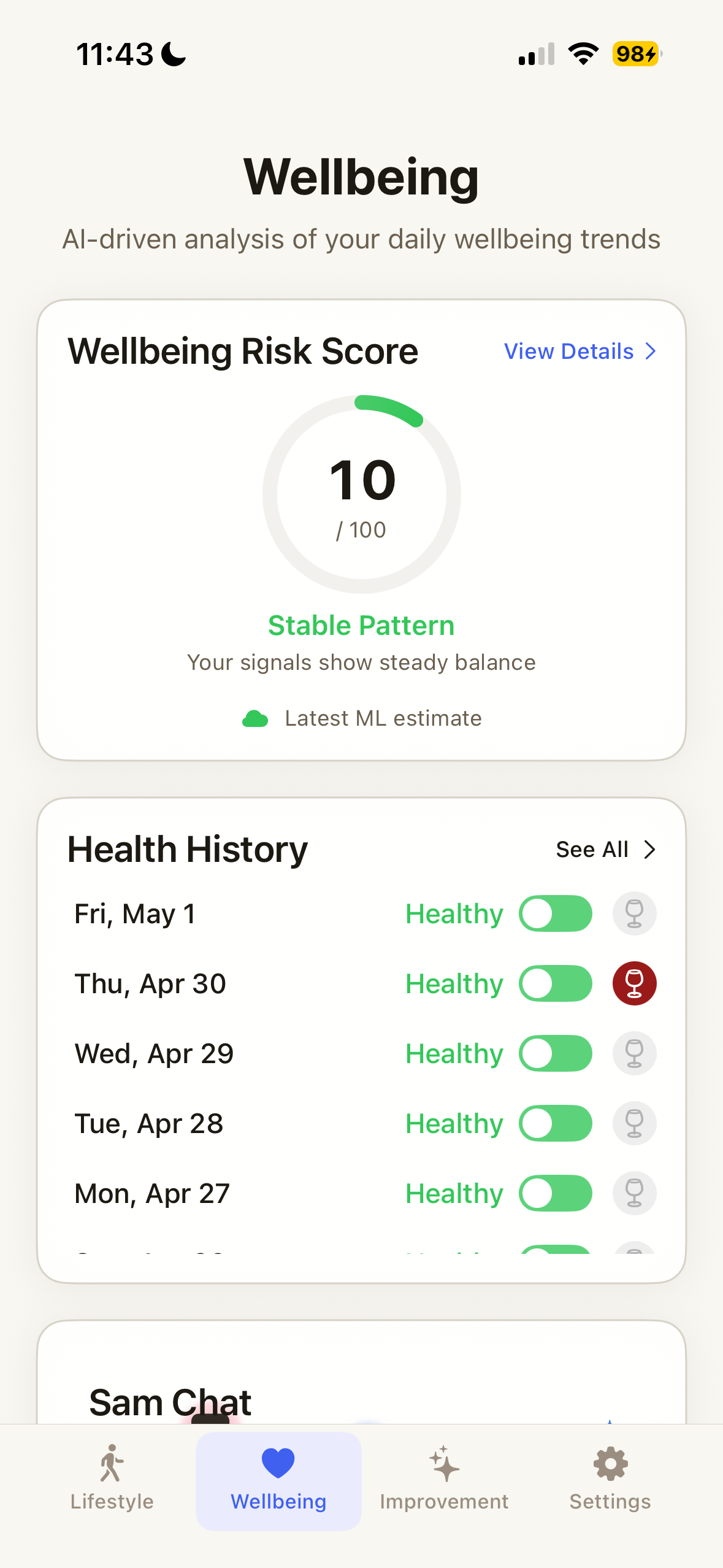 Sam app showing health insights and biomarker trends