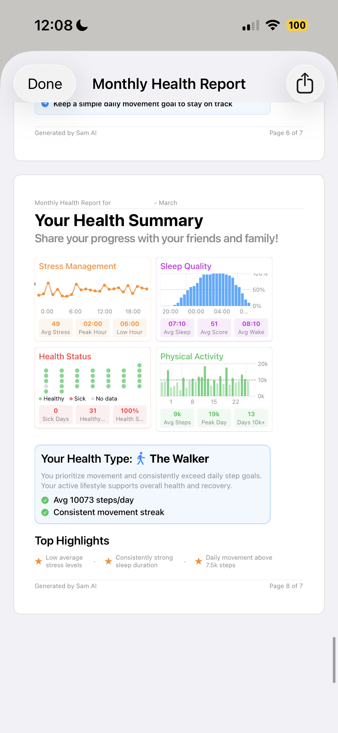 Monthly Health Report screen