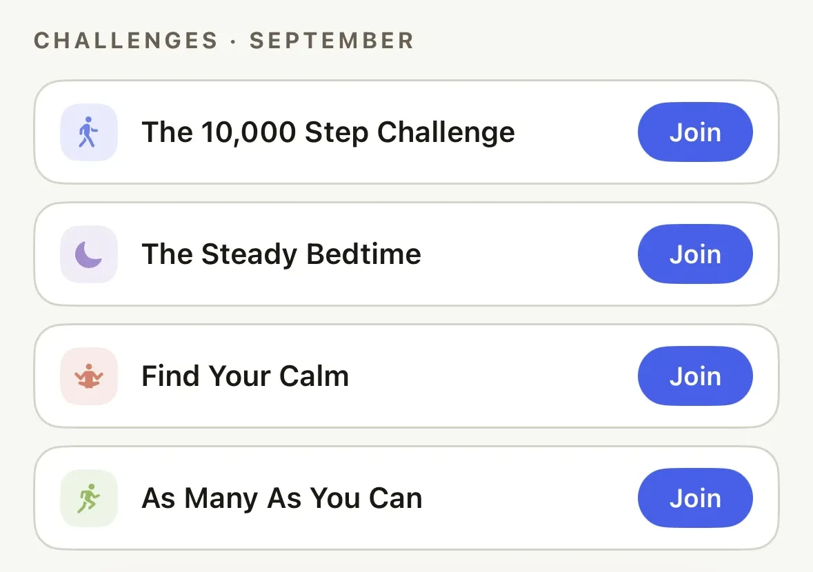 Die Challenges des Monats im Tab Selbst-Verbesserung, jede mit einem Button zum Beitreten