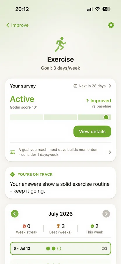 Sam App mit wöchentlichem Trainingsziel und Trainingsfortschritt