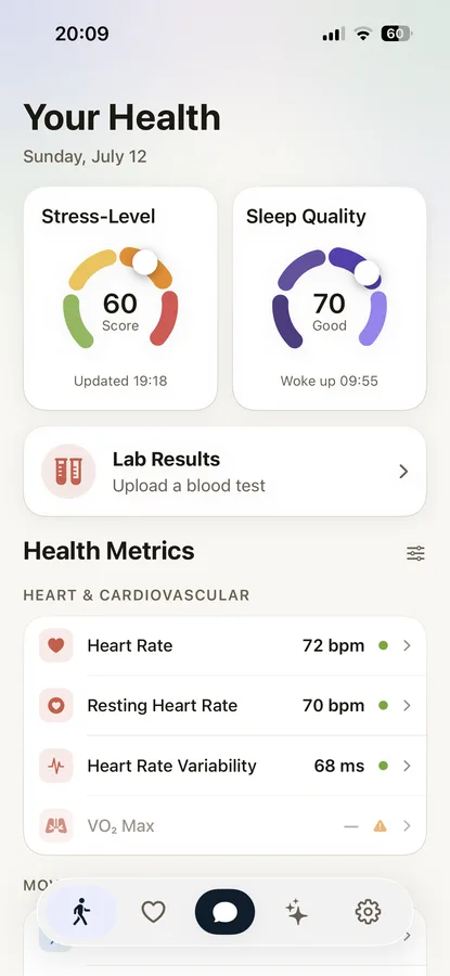 Sam Gesundheits-Dashboard screen