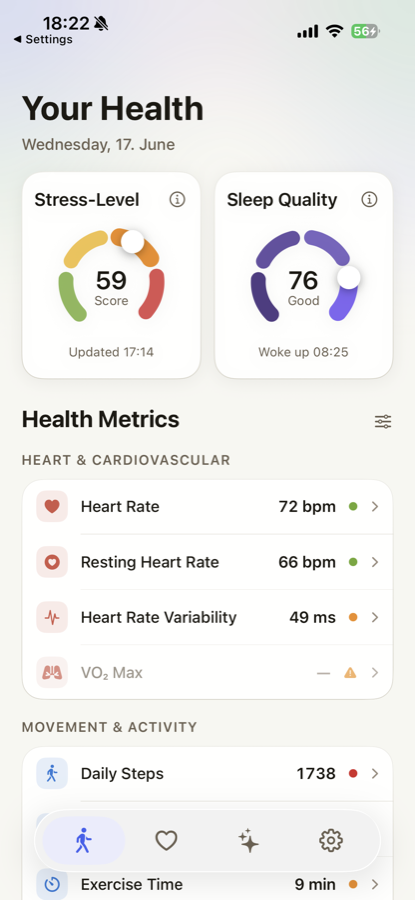 Sam Dashboard mit Wohlbefinden-Score, Herzfrequenz und Schlaf