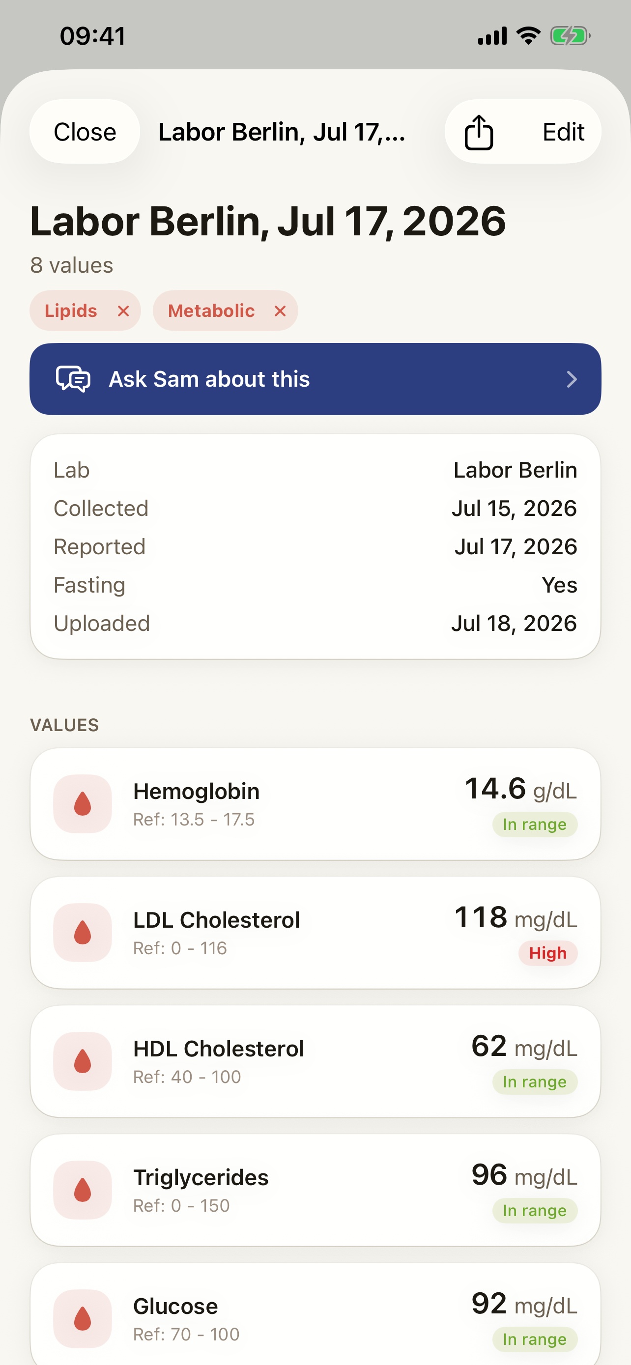 Sam Gesundheitsakte im Detail screen