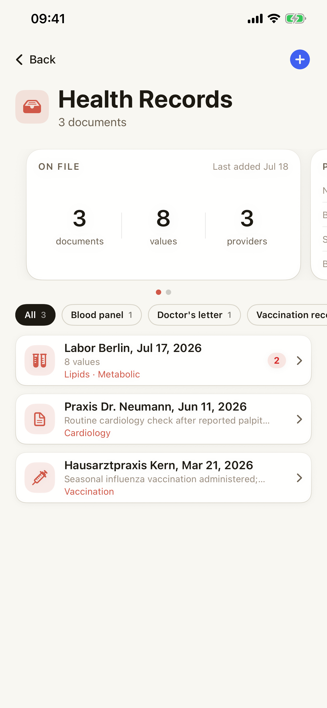 Sam app showing the Health Records document list
