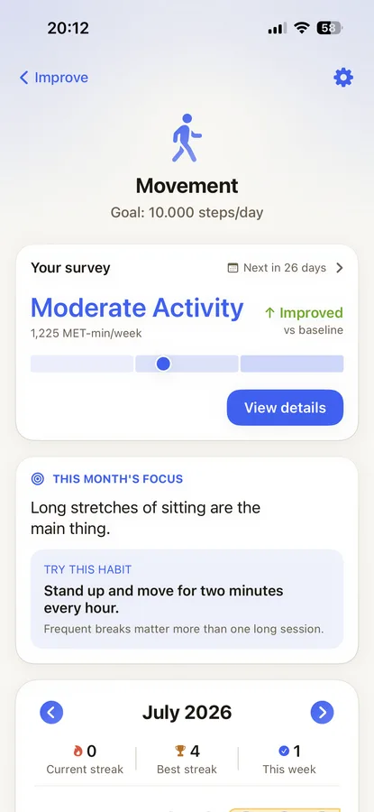 Sam movement program screen with IPAQ self-assessment and daily step goal