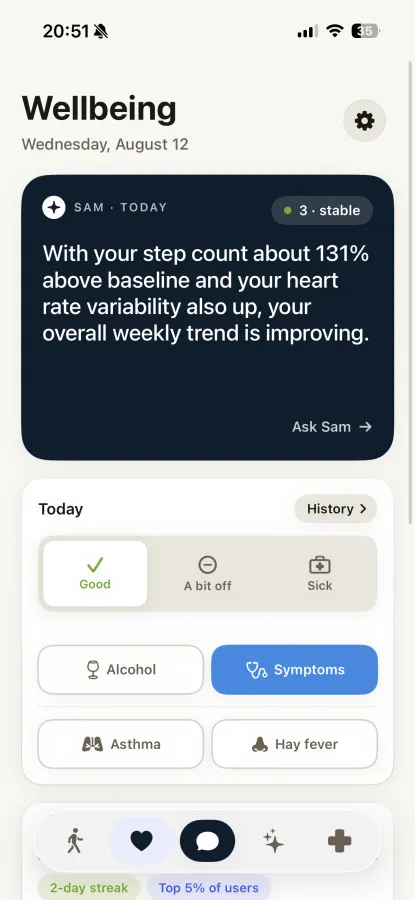 Sam Wellbeing-Risiko-Score screen
