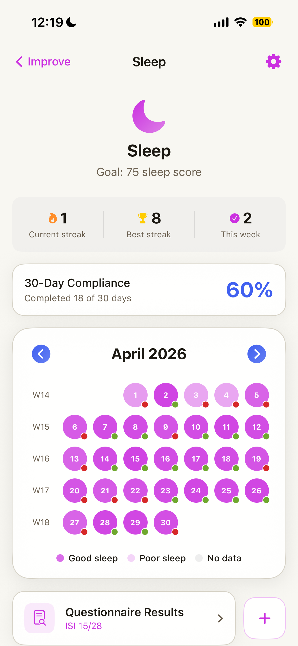 Sam app showing sleep quality trends and recovery insights
