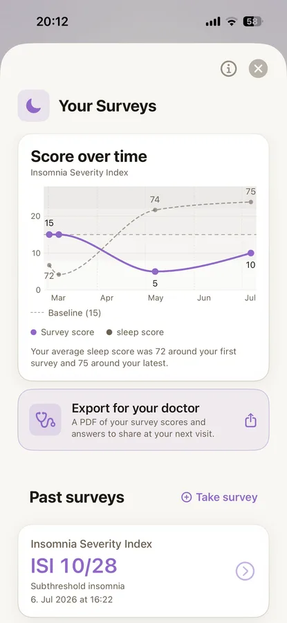 Sam Schlafprogramm-Screen mit MOS Sleep Scale-Selbsteinschätzung und nächtlicher Streak