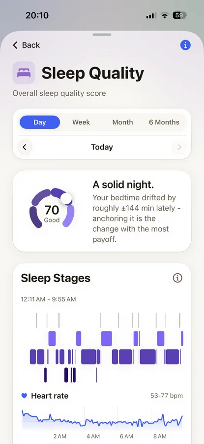 Sam Schlafprogramm-Screen mit MOS Sleep Scale-Selbsteinschätzung und nächtlicher Streak