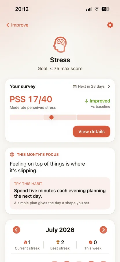 Sam stress program screen with PSS-10 self-assessment and daily streak